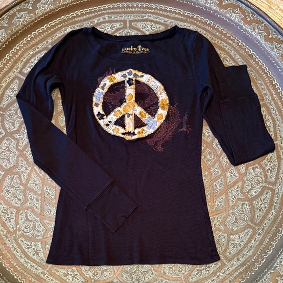 Lucky Brand Black Peace Sign Long Sleeve Waffle Weave Top, S - Picture 1 of 6
